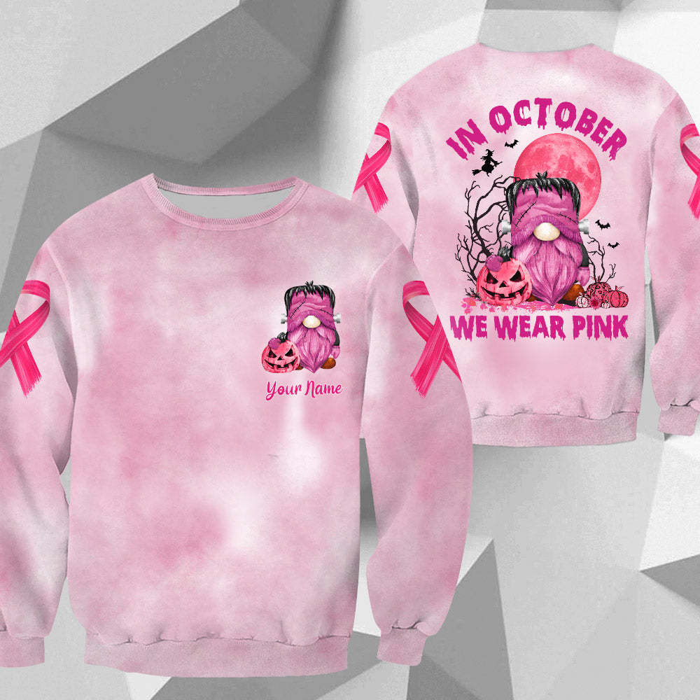 In October We Wear Pink, Shirts For Helping Raise Awareness Of Breast Cancer, Frankenstein Gnome Halloween, Name Can Be Changed