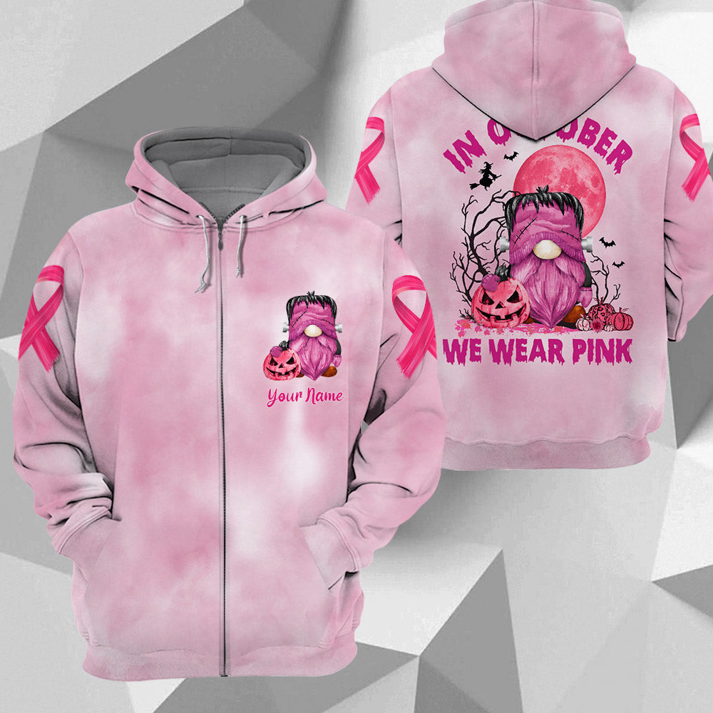 In October We Wear Pink, Shirts For Helping Raise Awareness Of Breast Cancer, Frankenstein Gnome Halloween, Name Can Be Changed