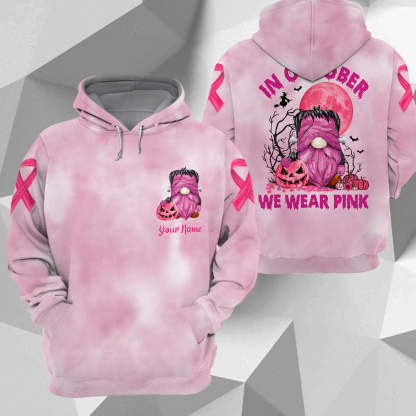 In October We Wear Pink, Shirts For Helping Raise Awareness Of Breast Cancer, Frankenstein Gnome Halloween, Name Can Be Changed