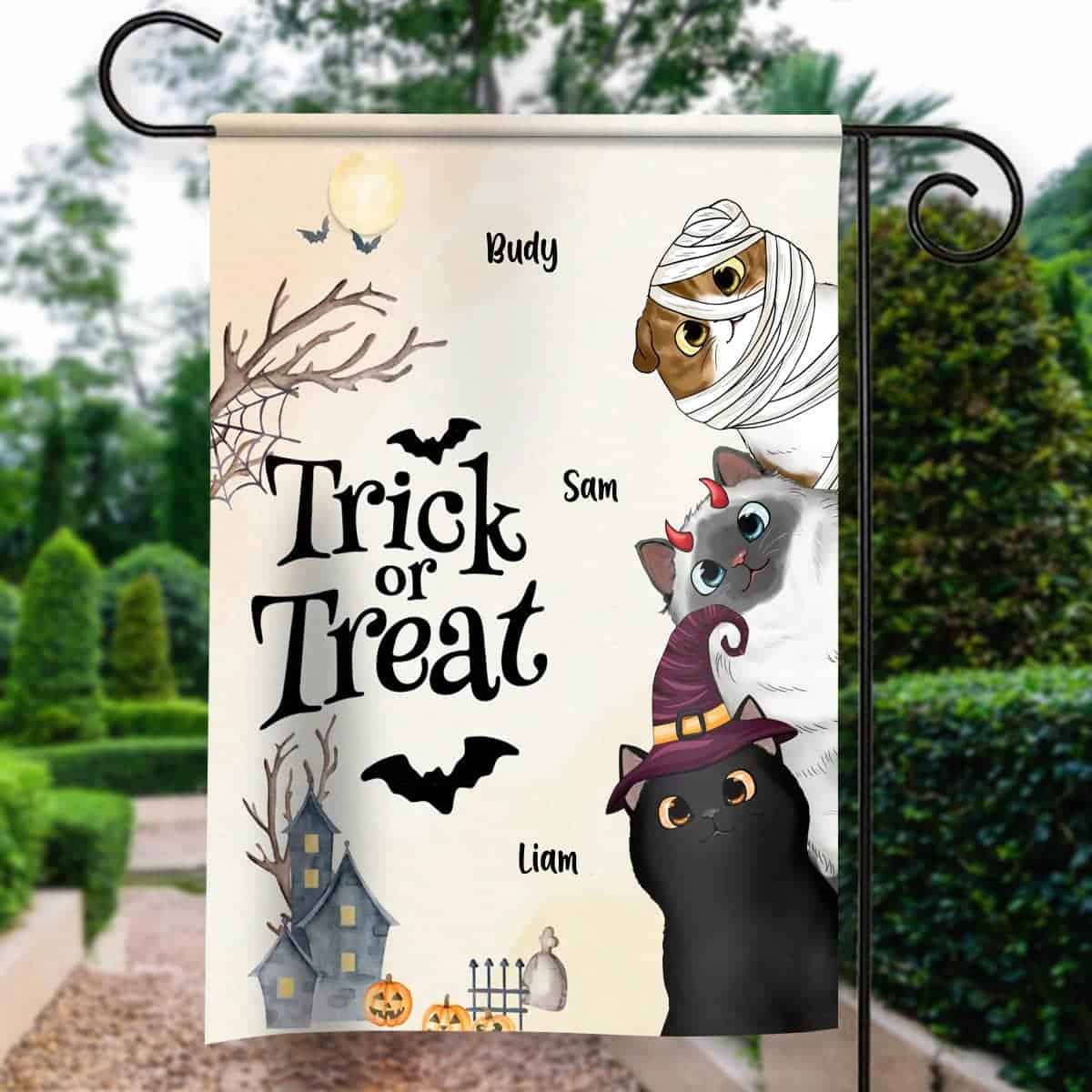 Trick Or Treat Personalized Cat Garden Flag, Gift For Cat Lover, Gift For Halloween