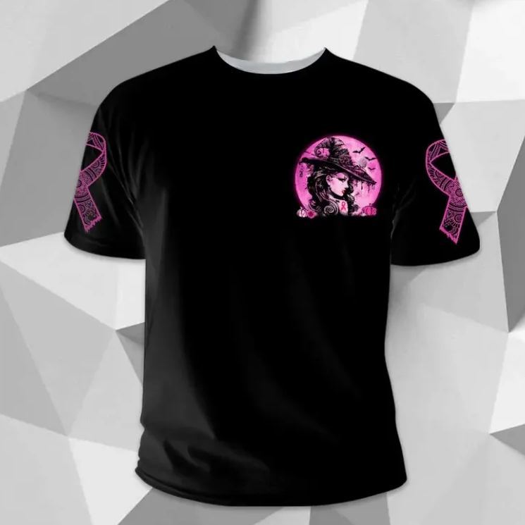 Breast Cancer Messed With The Wrong Witch, All Over Print Shirt For Breast Cancer Awareness, Happy Halloween, Name Can Be Changed