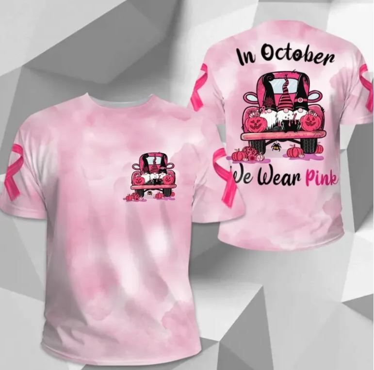 In October We Wear Pink, All Over Print Shirts For Breast Cancer Family Member, Halloween Truck & Gnomes, Name & Truck's Color Can Be Changed