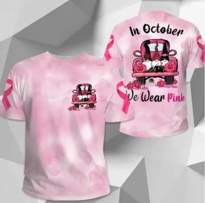 In October We Wear Pink, All Over Print Shirts For Breast Cancer Family Member, Halloween Truck & Gnomes, Name & Truck's Color Can Be Changed