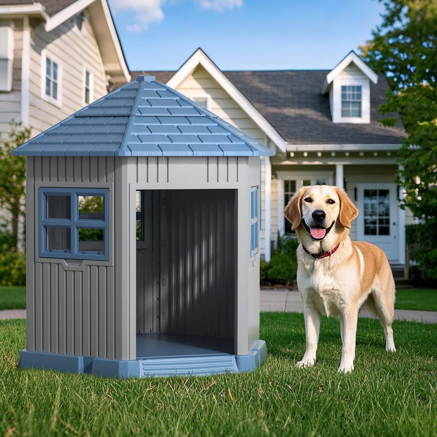 Dog House Indoor Outdoor Durable Large Dog Shelter with Outside Dog Kennel with Window and Elevated Floor 