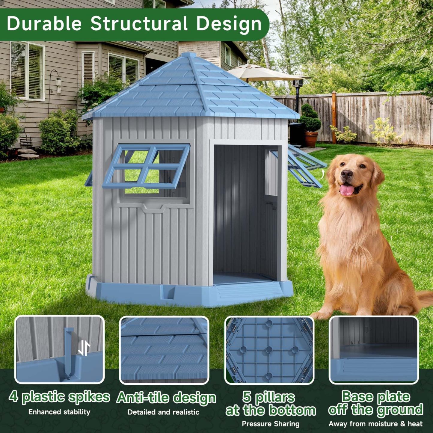 Dog House Indoor Outdoor Durable Large Dog Shelter with Outside Dog Kennel with Window and Elevated Floor 