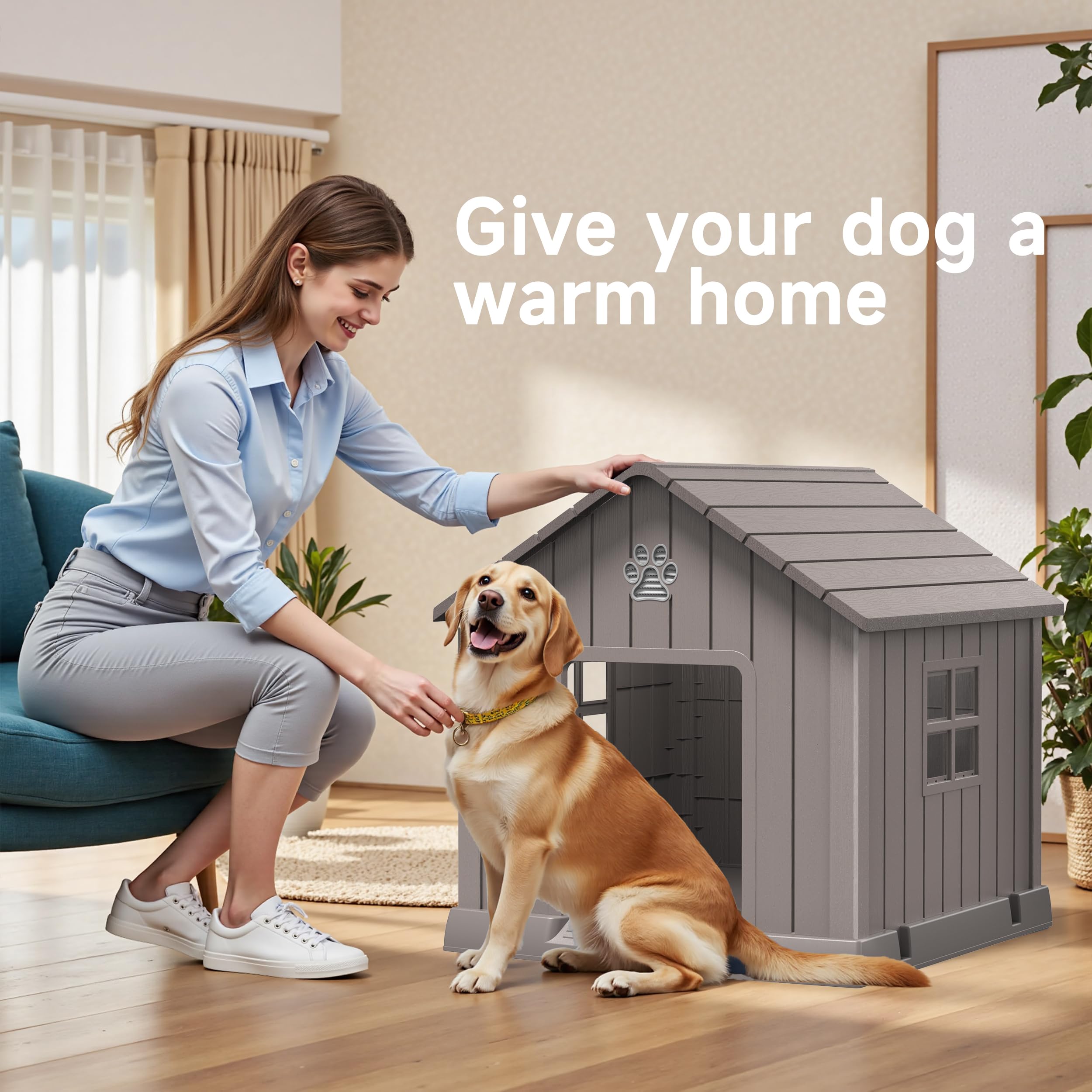 Dog House Indoor Outdoor Durable Large Dog Shelter with Outside Dog Kennel with Window and Elevated Floor 