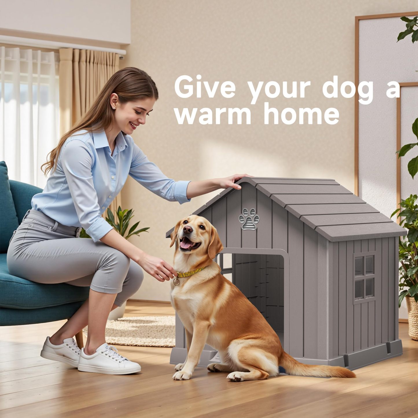 Dog House Indoor Outdoor Durable Large Dog Shelter with Outside Dog Kennel with Window and Elevated Floor 