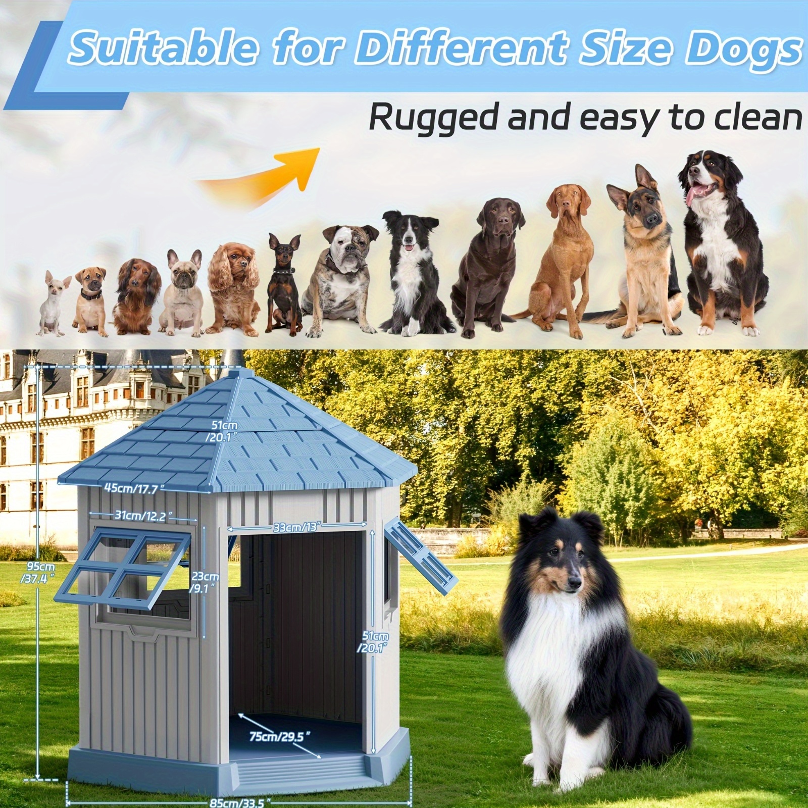 Dog House Indoor Outdoor Durable Large Dog Shelter with Outside Dog Kennel with Window and Elevated Floor 