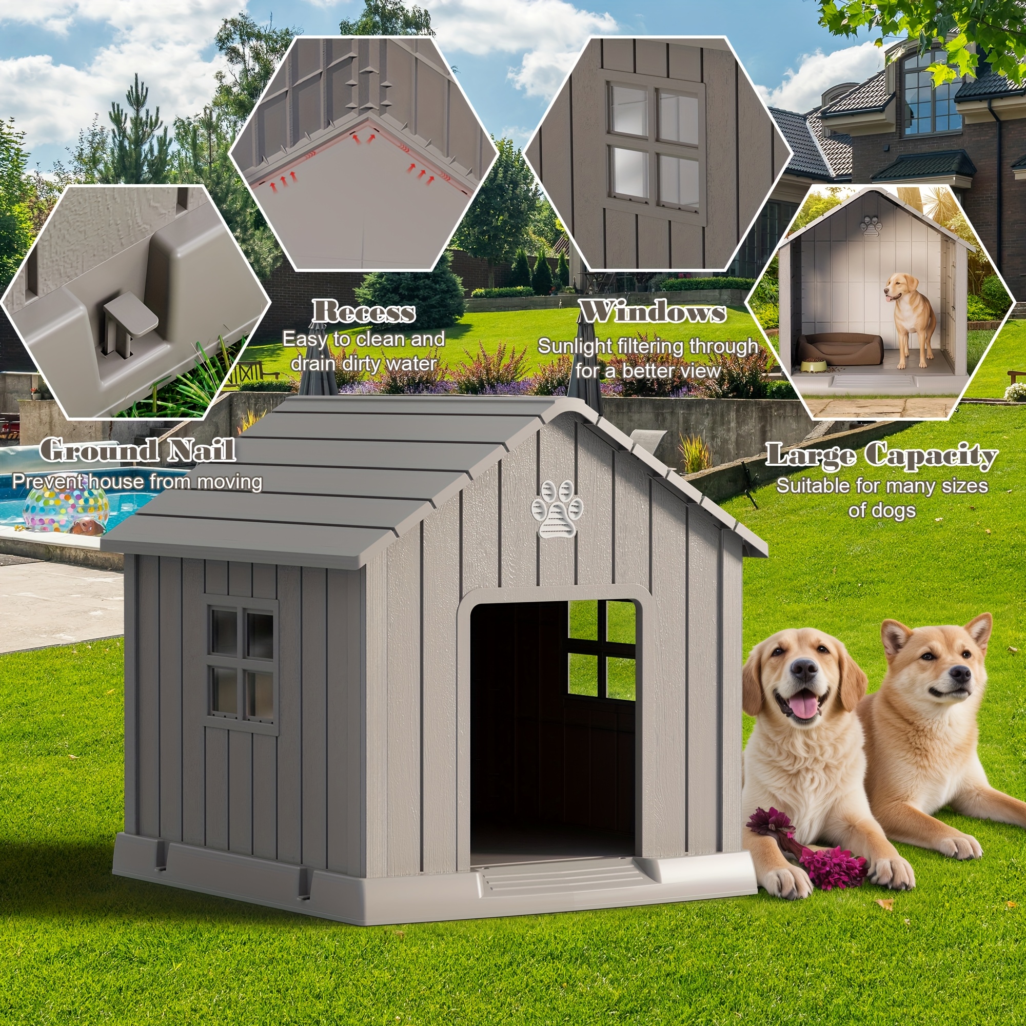 Dog House Indoor Outdoor Durable Large Dog Shelter with Outside Dog Kennel with Window and Elevated Floor 