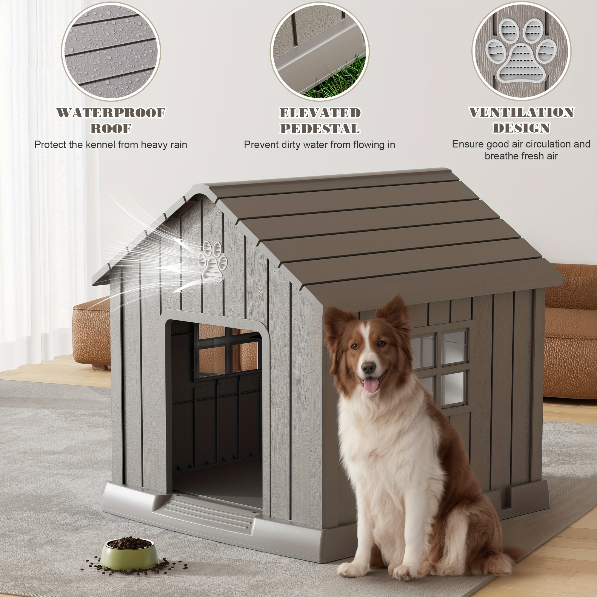 Dog House Indoor Outdoor Durable Large Dog Shelter with Outside Dog Kennel with Window and Elevated Floor 