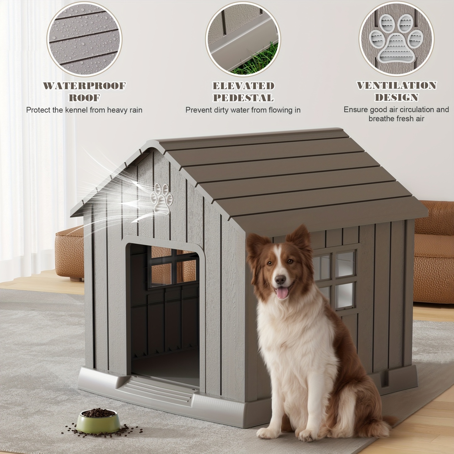 Dog House Indoor Outdoor Durable Large Dog Shelter with Outside Dog Kennel with Window and Elevated Floor 