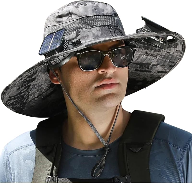 Outdoor Wide Brim Sun Hat with 2 Solar Fan Sun Bucket Hat