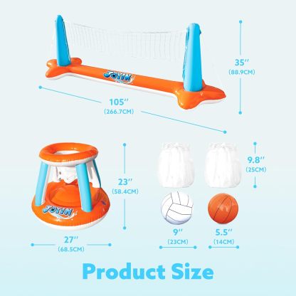 Inflatable Pool Float Set Volleyball Net & Basketball Hoops