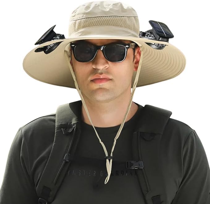 Outdoor Wide Brim Sun Hat with 2 Solar Fan Sun Bucket Hat