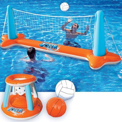 Inflatable Pool Float Set Volleyball Net & Basketball Hoops