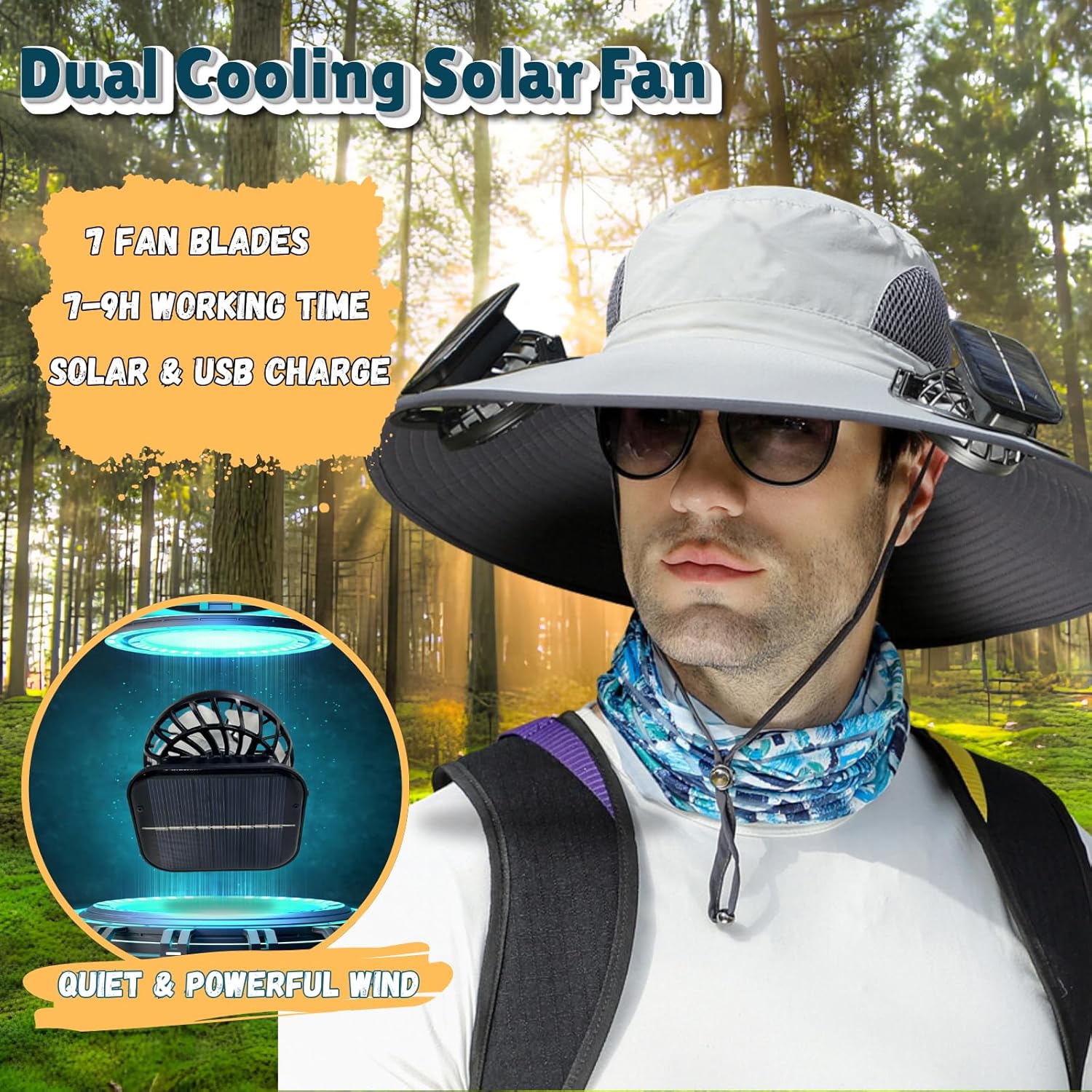 Outdoor Wide Brim Sun Hat with 2 Solar Fan Sun Bucket Hat