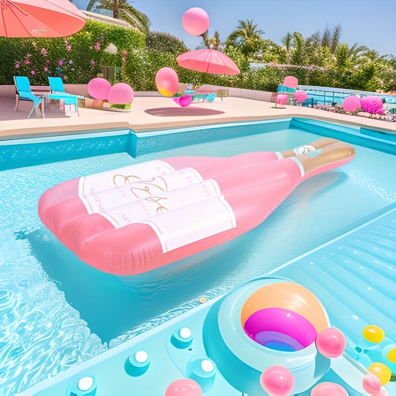 1pc Giant Inflatable Champagne Bottle Pool Float - Pink Rose Golden Accent Design