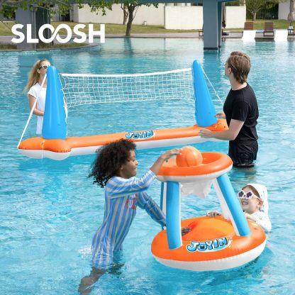 Inflatable Pool Float Set Volleyball Net & Basketball Hoops