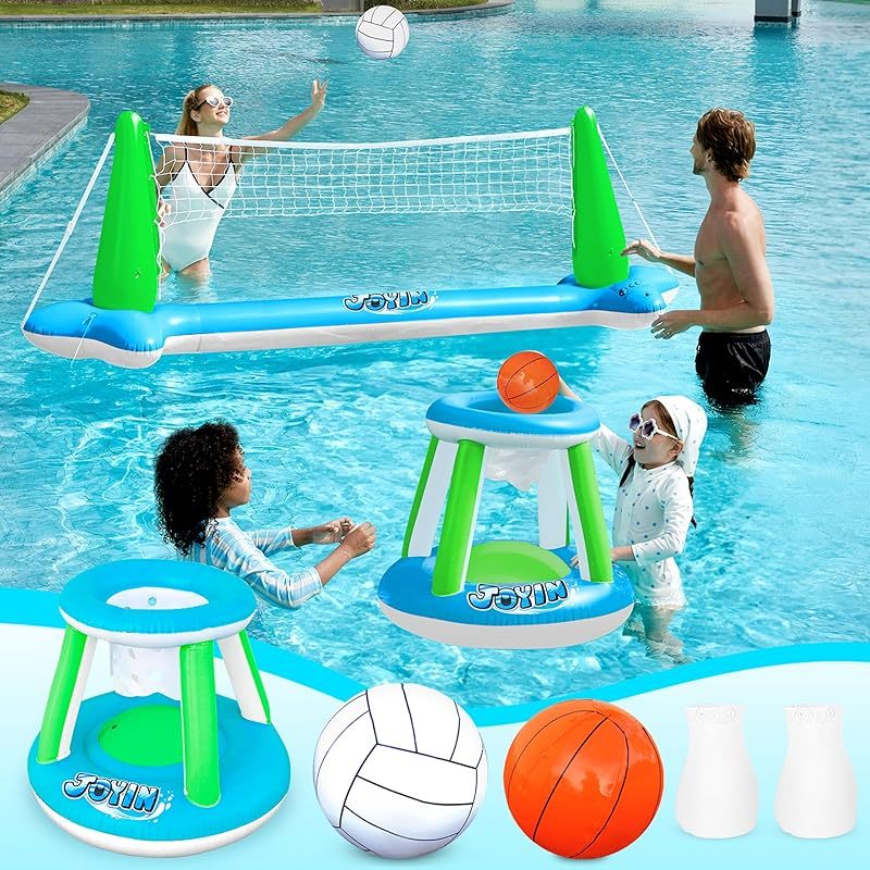 Inflatable Pool Float Set Volleyball Net & Basketball Hoops