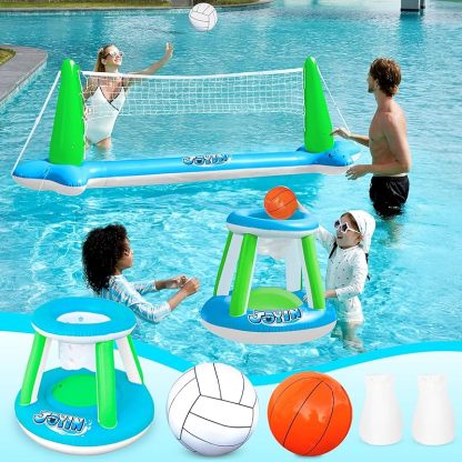 Inflatable Pool Float Set Volleyball Net & Basketball Hoops