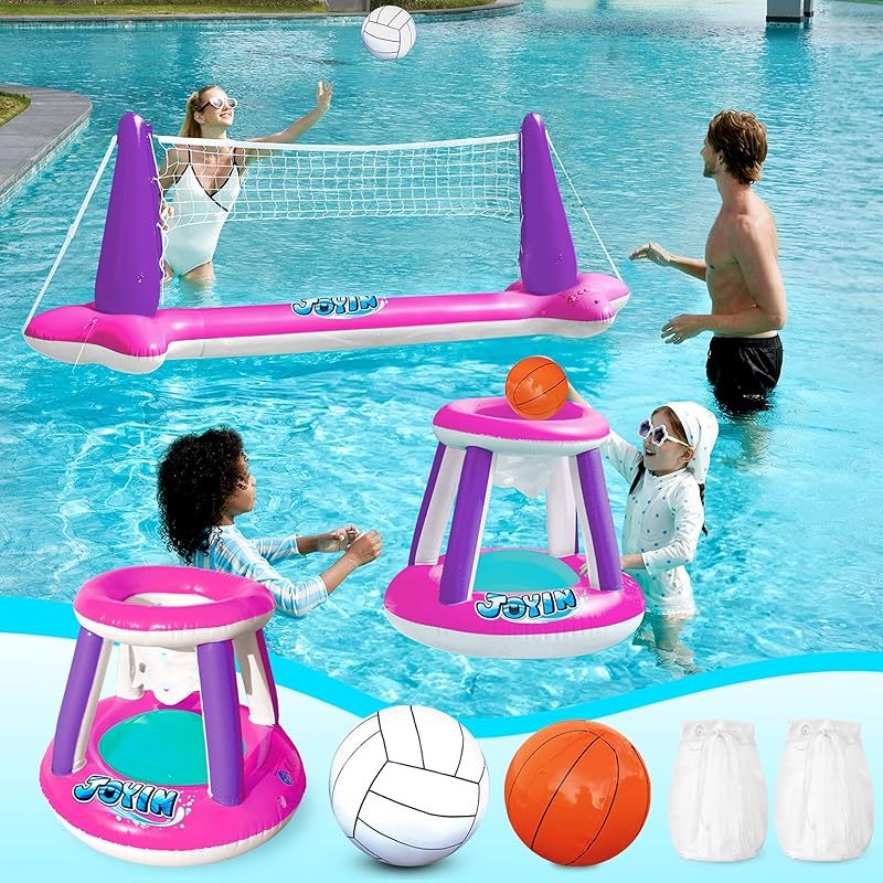 Inflatable Pool Float Set Volleyball Net & Basketball Hoops
