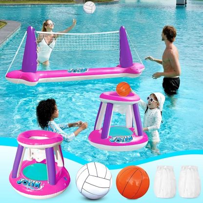 Inflatable Pool Float Set Volleyball Net & Basketball Hoops