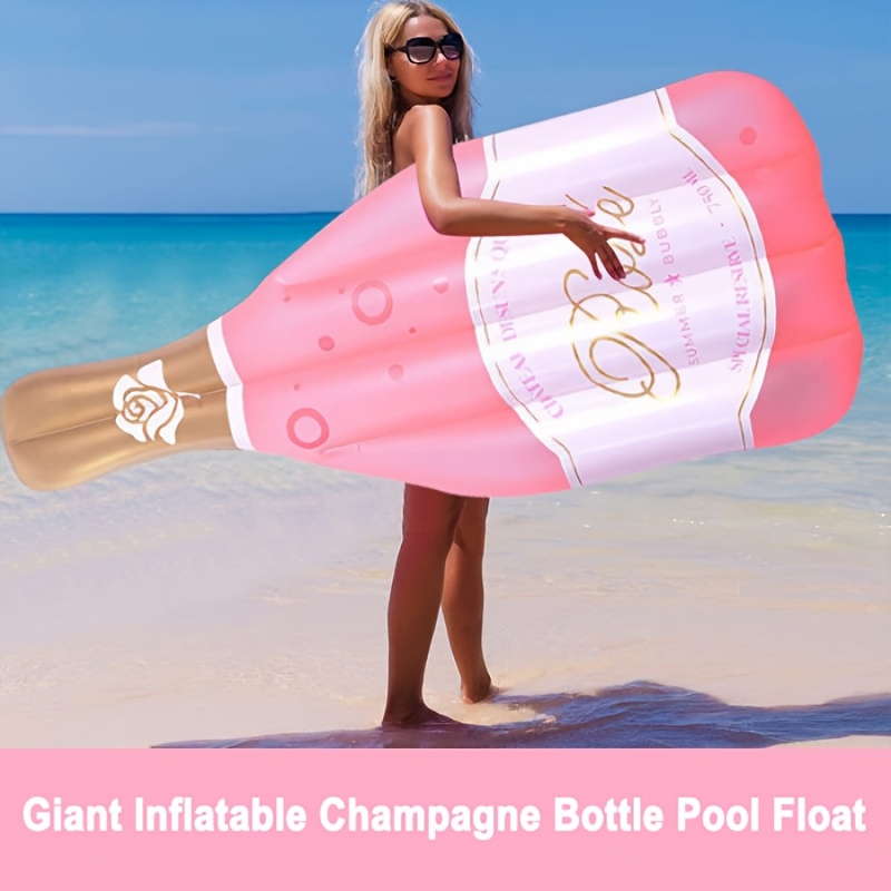1pc Giant Inflatable Champagne Bottle Pool Float - Pink Rose Golden Accent Design