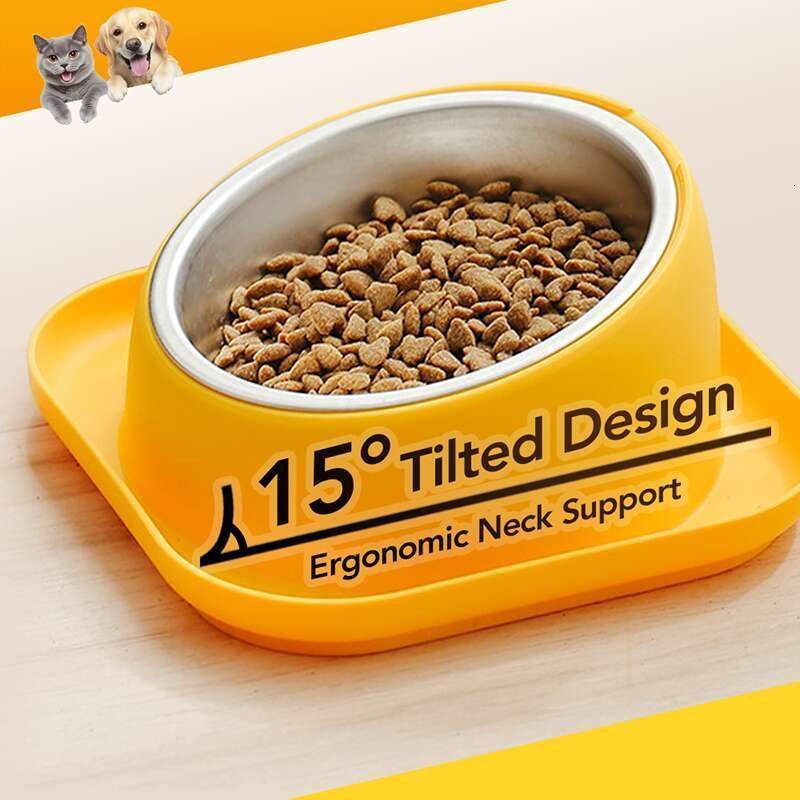 15° Slanted Stainless Steel Dog Cat Food Bowl Water Bowl 