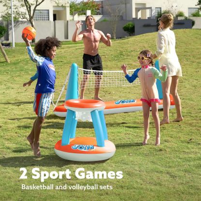 Inflatable Pool Float Set Volleyball Net & Basketball Hoops