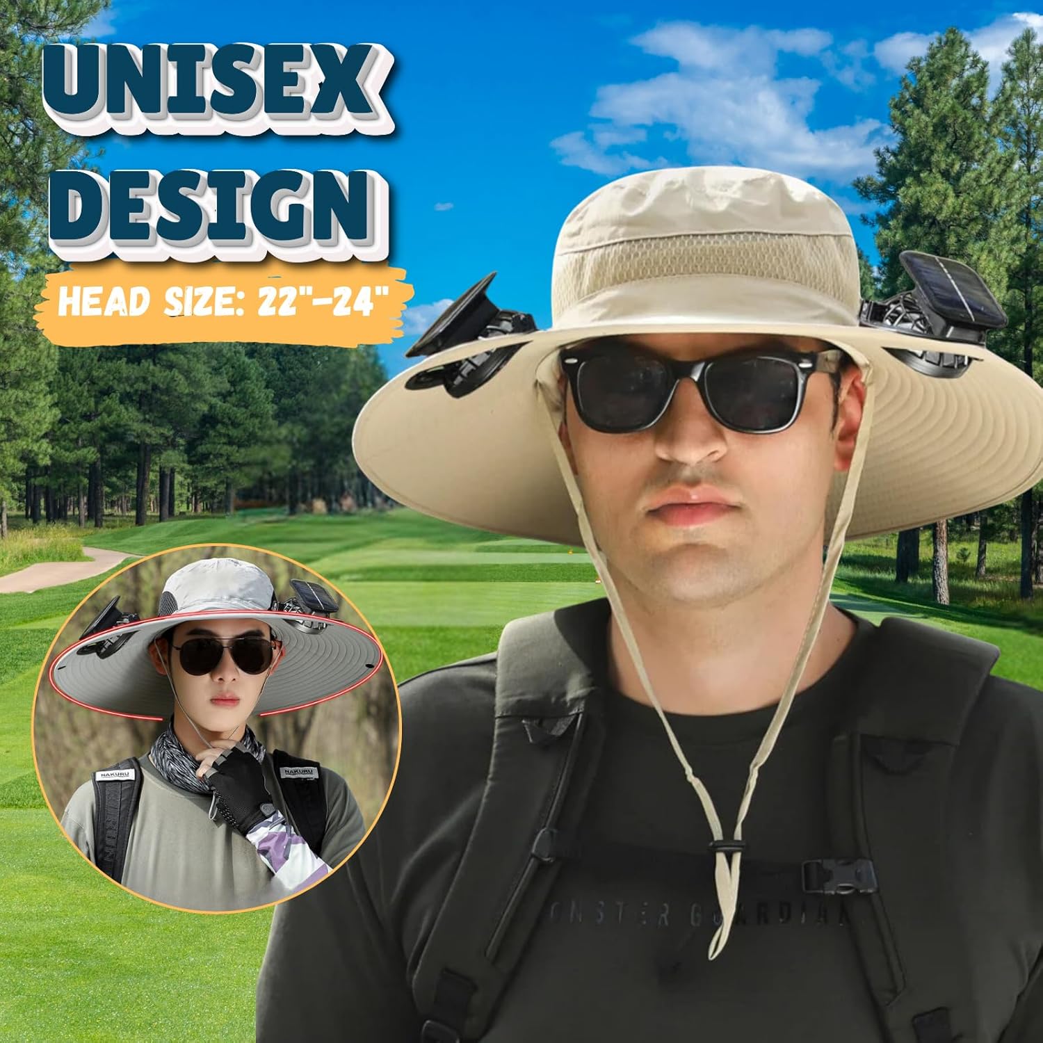 Outdoor Wide Brim Sun Hat with 2 Solar Fan Sun Bucket Hat