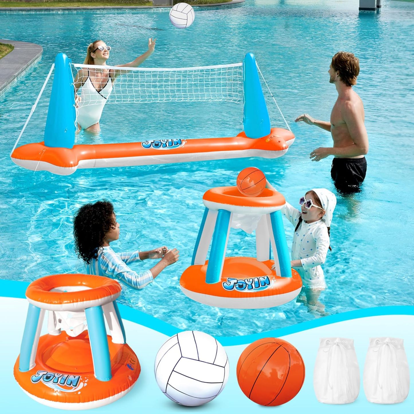 Inflatable Pool Float Set Volleyball Net & Basketball Hoops