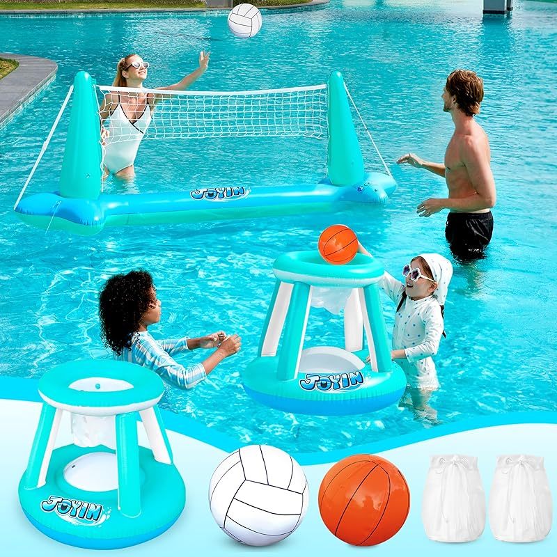 Inflatable Pool Float Set Volleyball Net & Basketball Hoops
