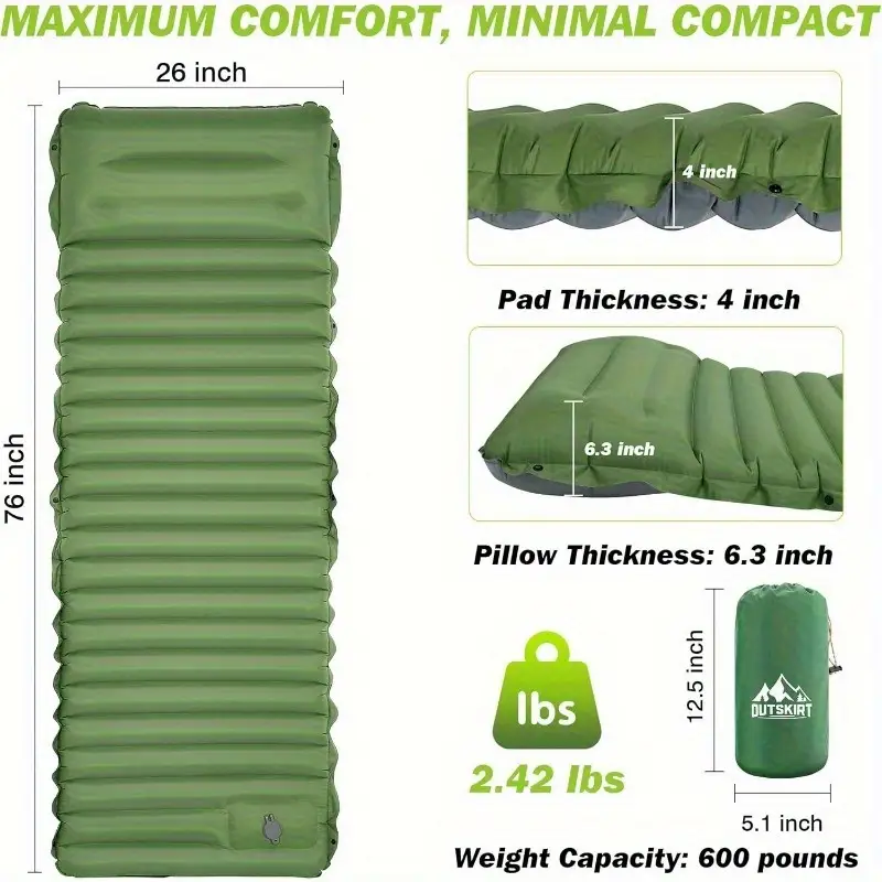 UltraComfort Inflatable Sleeping Pad with Built-in Foot Pump - 4 Extra Thickness