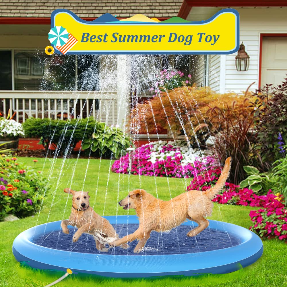 Portable Dog Pool for Outdoor Fun Heavy-Duty Blue Pet Bath Tub with Built Sprinkler System