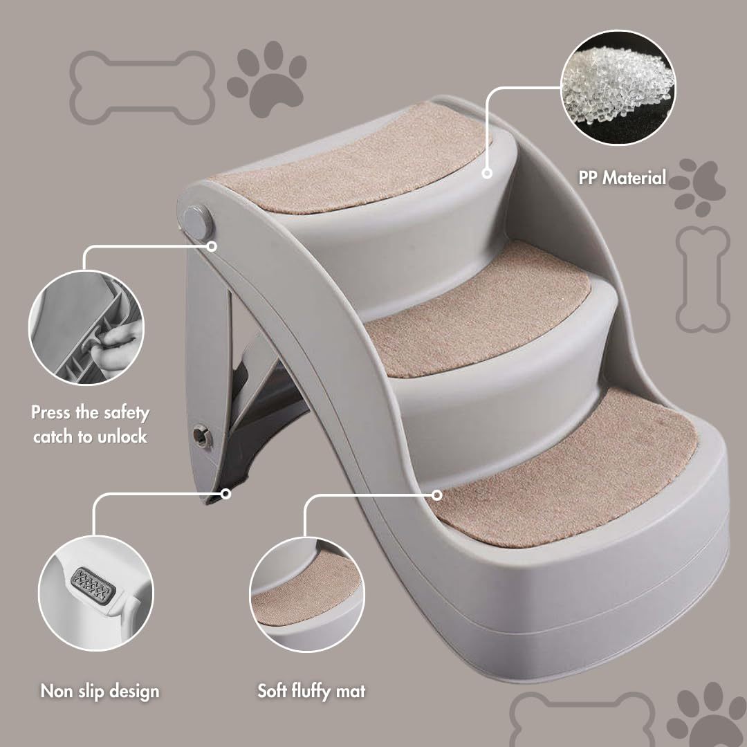 3-Step Folding Dog Stairs for Small Dogs Pet Stairs for High Beds, Sofas, and Vehicles Dog and Cat Steps Ideal for Small & Medium Pets