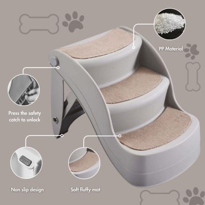 3-Step Folding Dog Stairs for Small Dogs Pet Stairs for High Beds, Sofas, and Vehicles Dog and Cat Steps Ideal for Small & Medium Pets