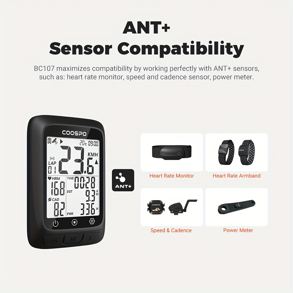 BC107 Bike Computer GPS Wireless Bicycle Odometer Speedometer 2.4inch BlE5.0 ANT+ GPS+BDS