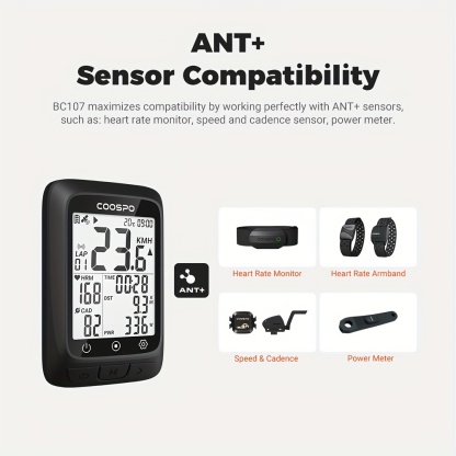 BC107 Bike Computer GPS Wireless Bicycle Odometer Speedometer 2.4inch BlE5.0 ANT+ GPS+BDS