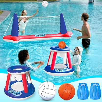 Inflatable Pool Float Set Volleyball Net & Basketball Hoops