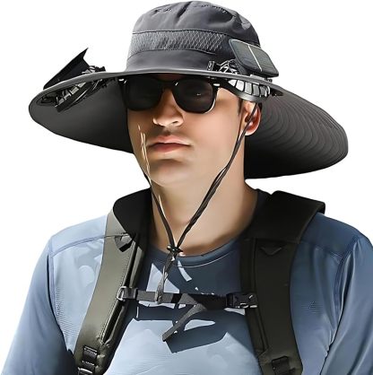 Outdoor Wide Brim Sun Hat with 2 Solar Fan Sun Bucket Hat