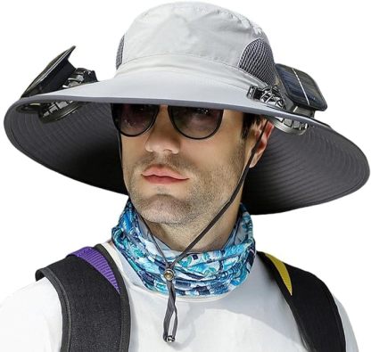 Outdoor Wide Brim Sun Hat with 2 Solar Fan Sun Bucket Hat