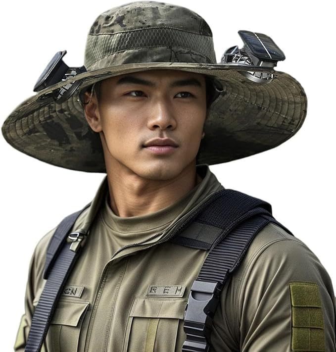 Outdoor Wide Brim Sun Hat with 2 Solar Fan Sun Bucket Hat
