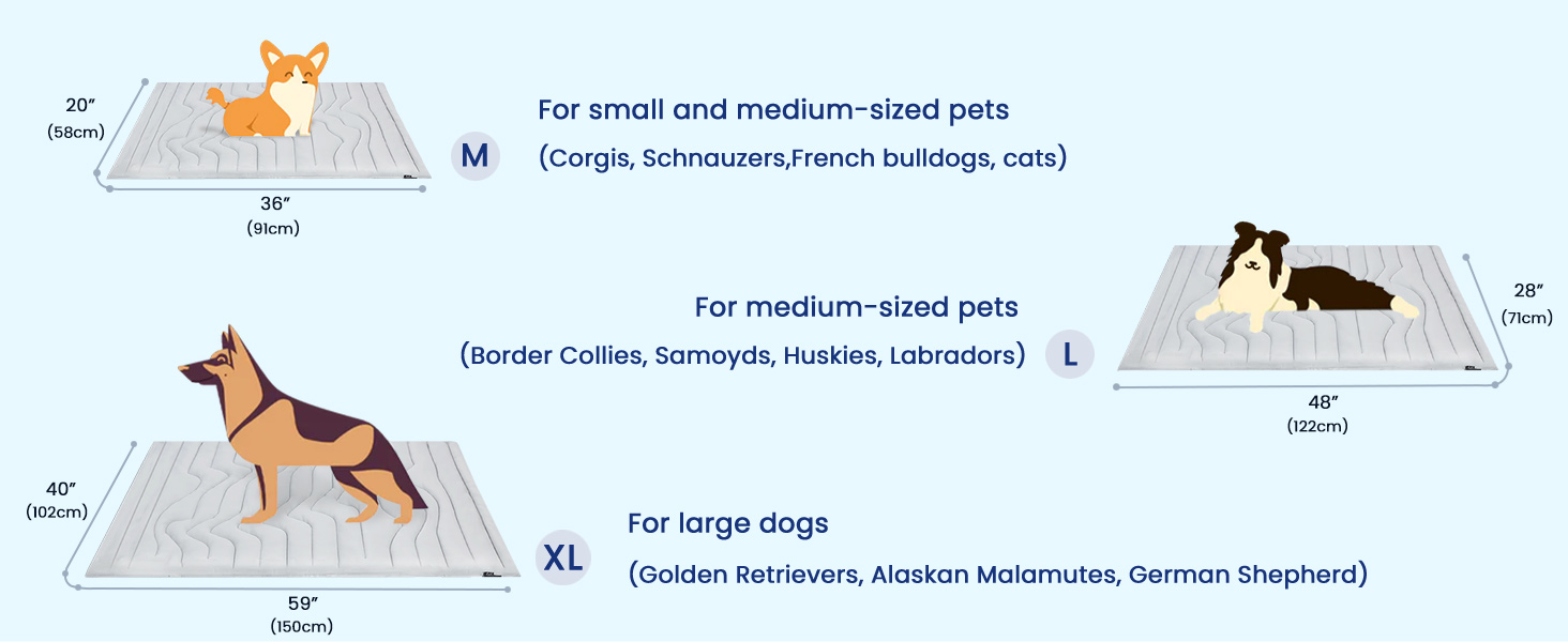 Size M length 36 inches width 20 inches.Size L length 48 inches width 28 inches.Size XL is 59" X 40"