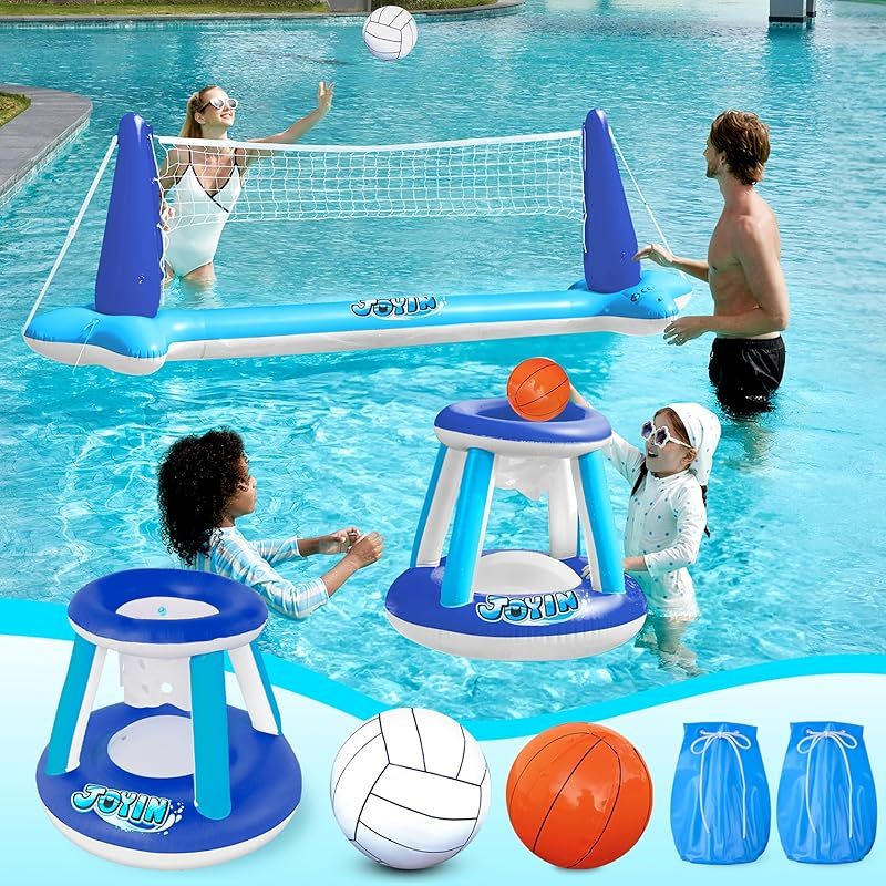 Inflatable Pool Float Set Volleyball Net & Basketball Hoops