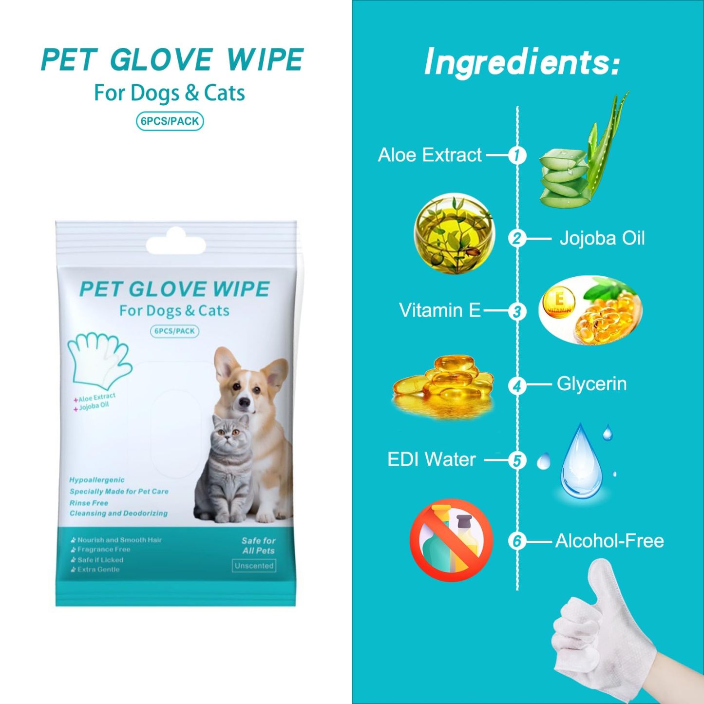 Cats & Dog Washing Gloves, Dog Wipes Cleaning Deodorizing Grooming Gloves Rinse-Free Pet Wipes