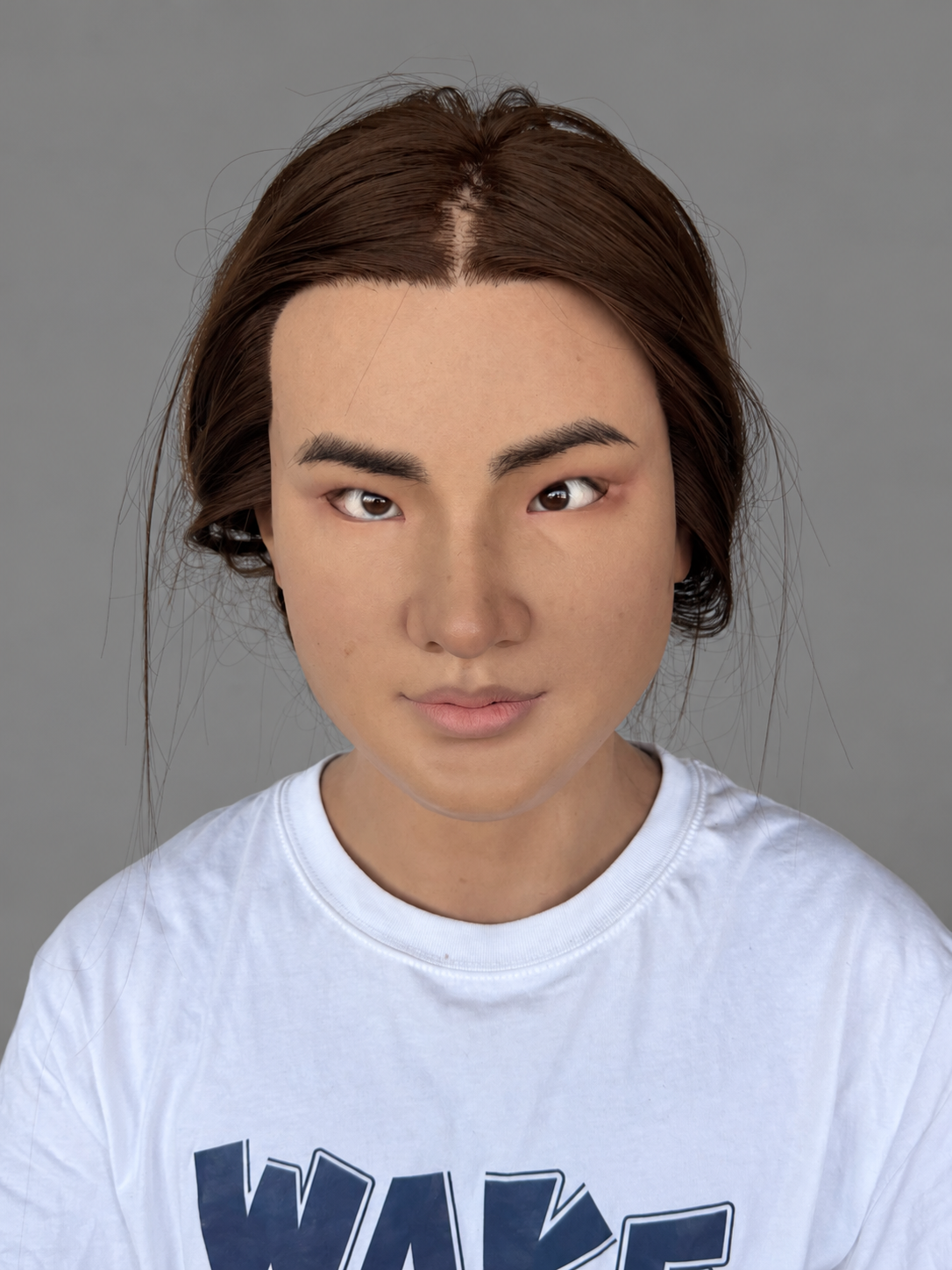 Realistic female silicone mask with yellow skin and long hair