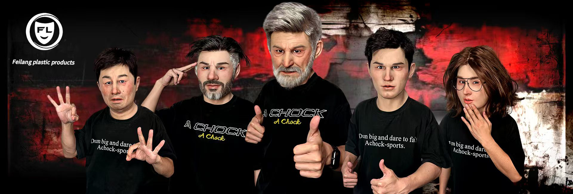 {"default":"Group of models wearing realistic silicone masks, high-detail disguise masks for cosplay, film props, performances, and collections-buy silicone halloween mask,"}
