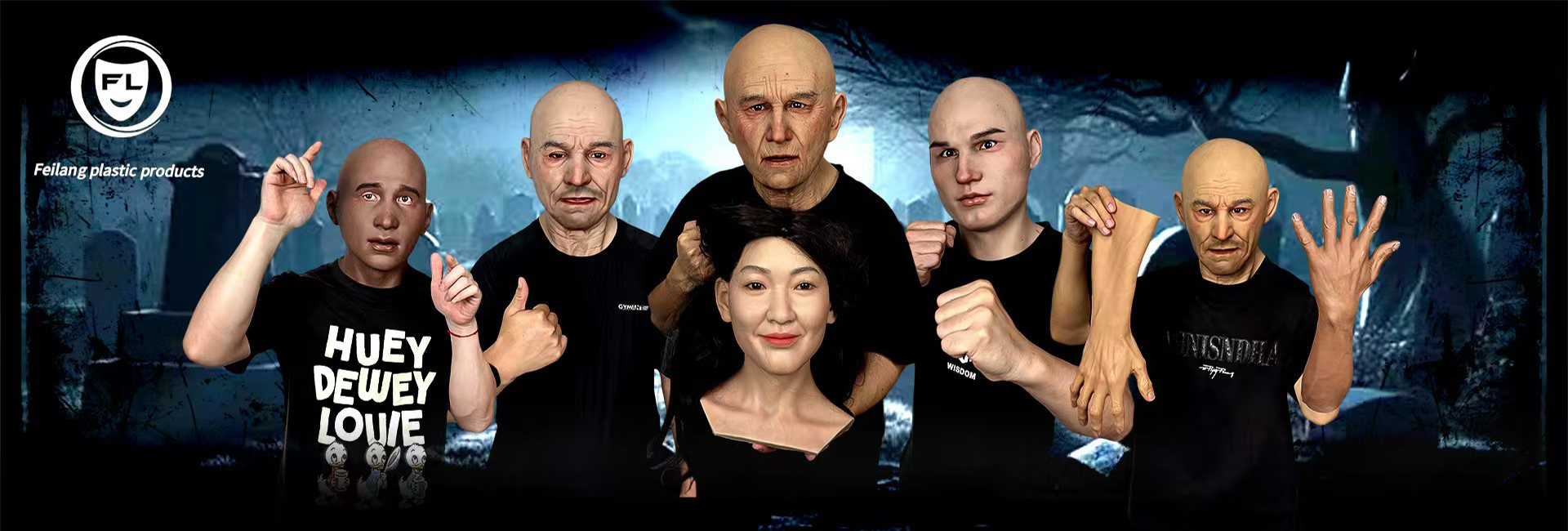 {"default":"Realistic silicone masks showcased by multiple models, lifelike disguise masks for cosplay, performance, and role play"}
