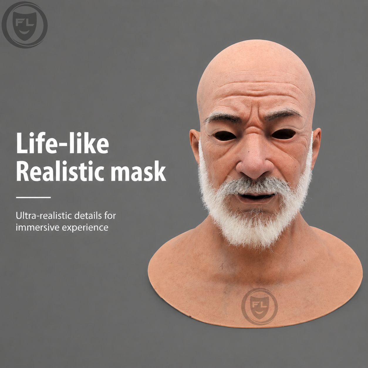 bald elderly silicone mask front view