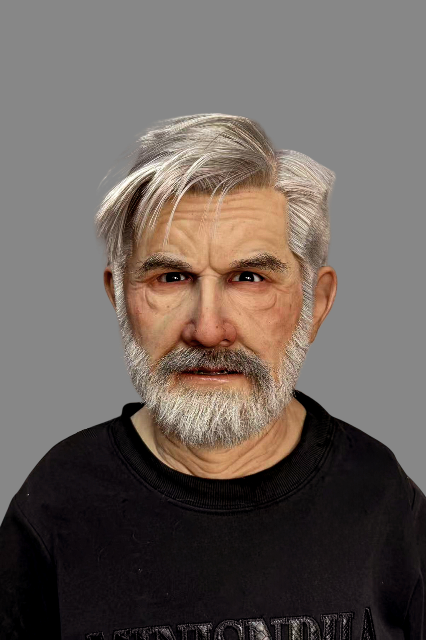 Hyper-realistic old man silicone mask with silver hair and full white beard, natural expression and detailed wrinkles, angled view on model.